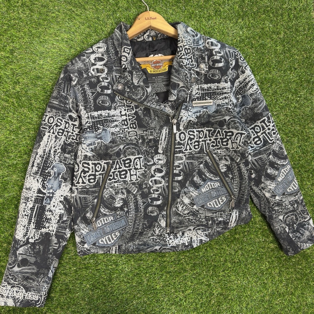 Vintage Harley Davidson Classic Motorcycle Jacket Womens Large All Over Print